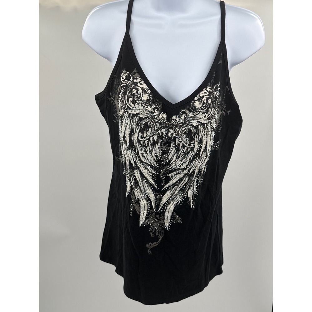 Platinum Plush Bus Stop Angel Wing Rhinestone Tank Top Black XL Y2K Camisole
